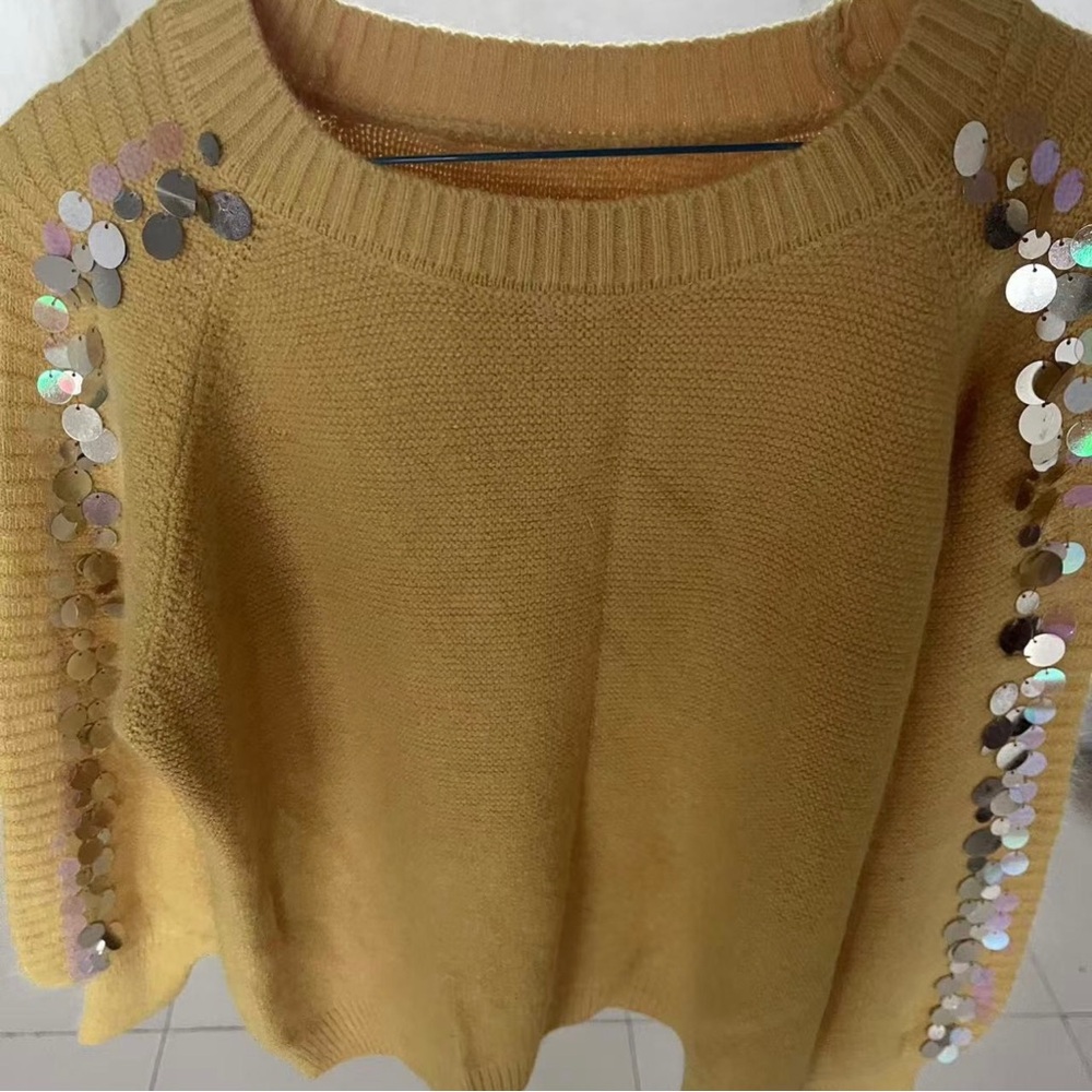 Yellow Long Sleeve Tee with Sequin Shoulder Detail